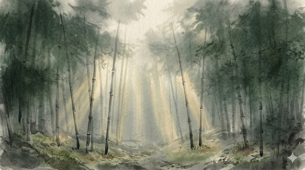 Sumi-e style bamboo forest with golden light shafts filtering through the canopy, evoking the Japanese practice of shinrin-yoku (forest bathing)
